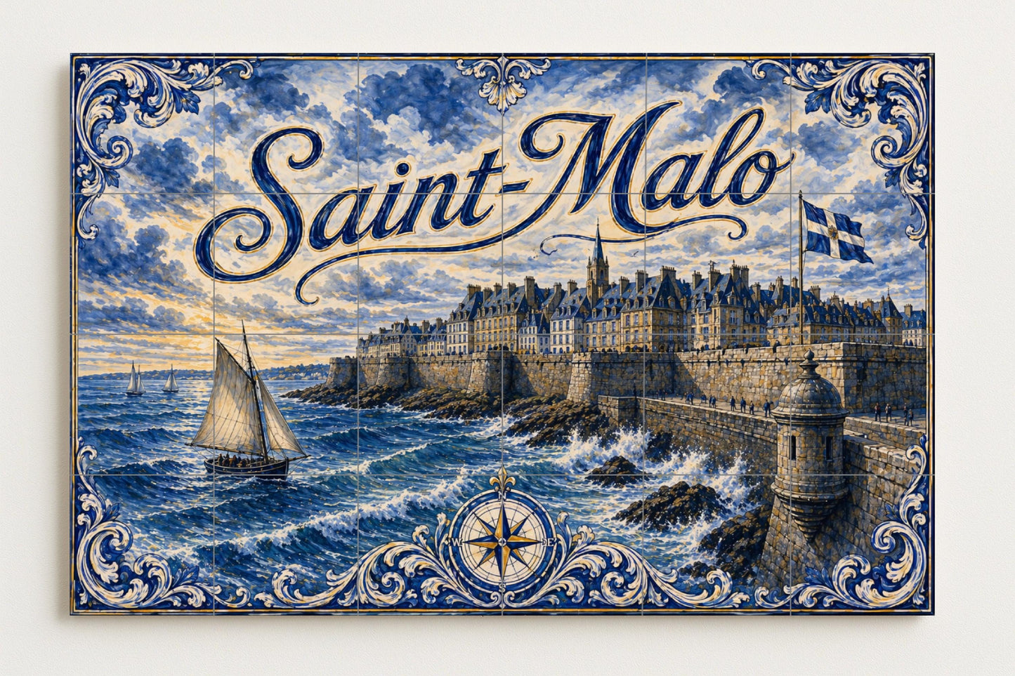 Mural de azulejos de cerámica de Saint-Malo, arte mural costero…