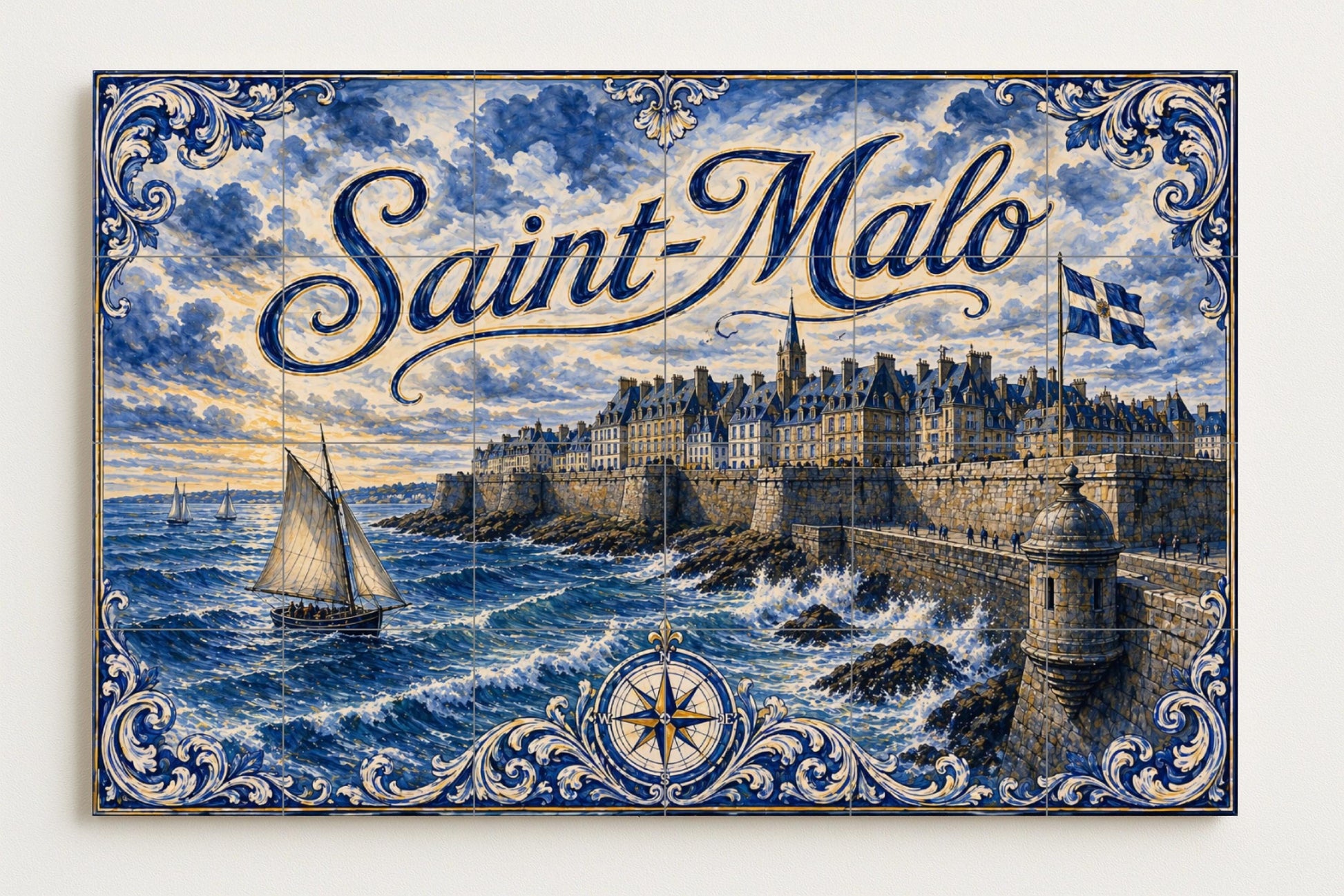 Mural de azulejos de cerámica de Saint-Malo, arte mural costero…