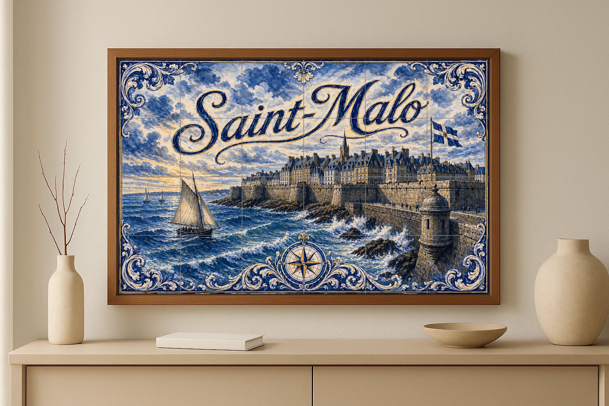 Mural de azulejos de cerámica de Saint-Malo, arte mural costero…
