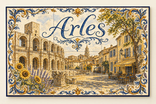 Mural de azulejos de cerámica de Arles, arte mural provenzal con…