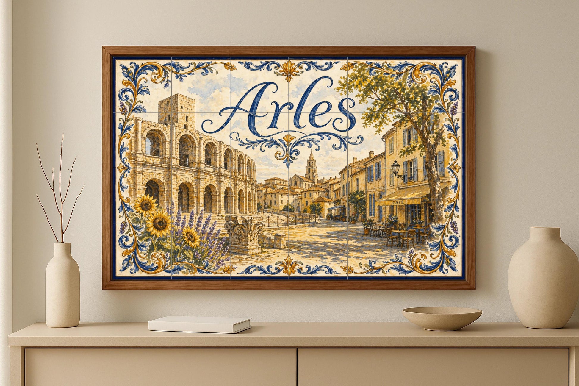 Mural de azulejos de cerámica de Arles, arte mural provenzal con…