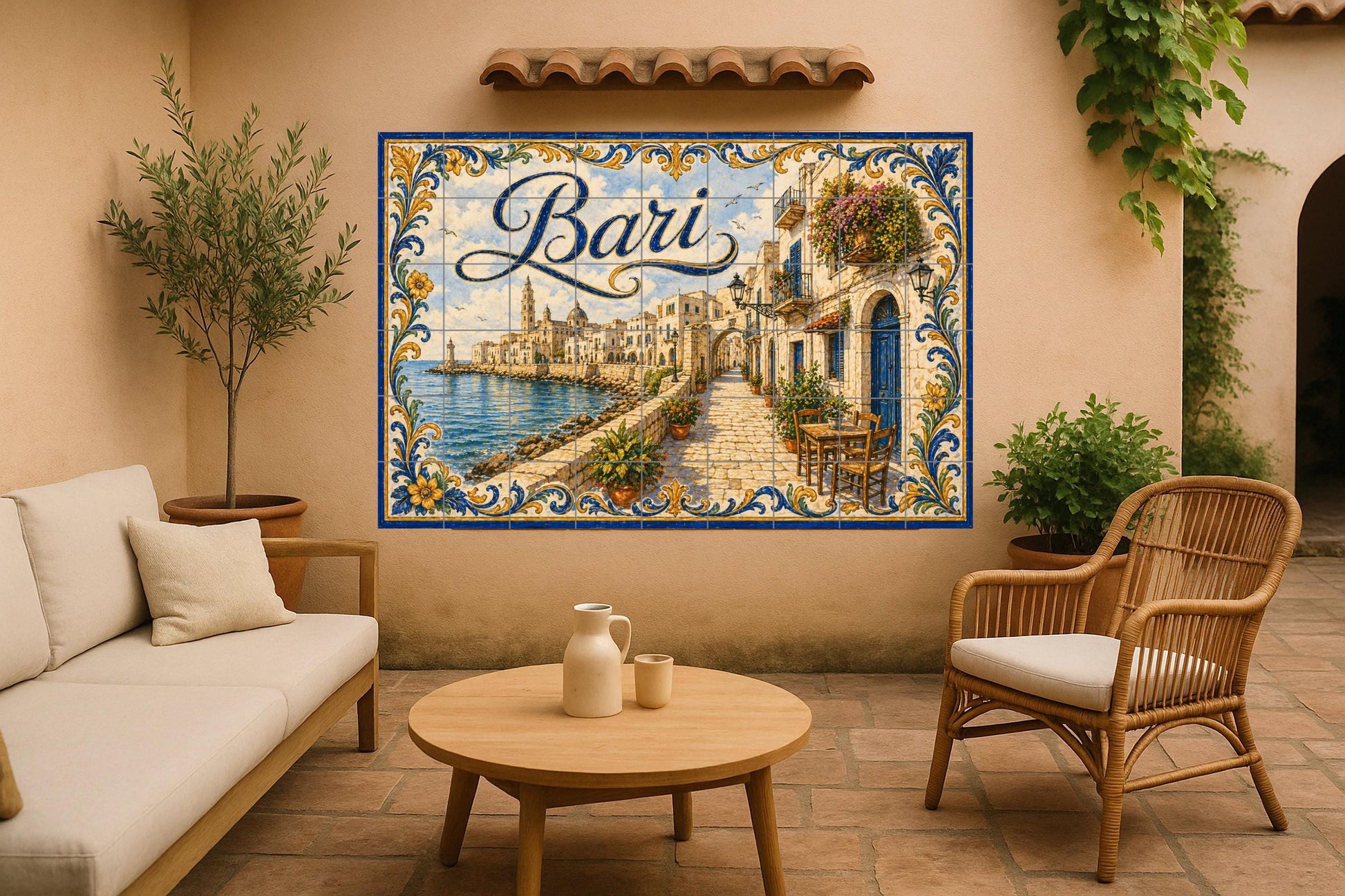 Bari, Kunst Wandbild Küsten Italienisch mit arquit · Keramik-Wandbild — Küstenszene