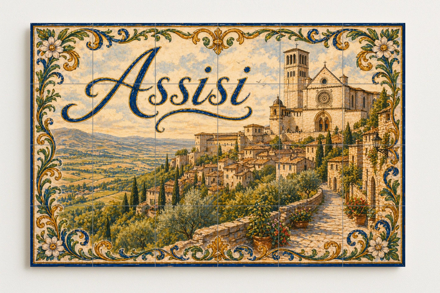Mural de azulejos de cerámica de Asís, Italia, arte mural campestre…