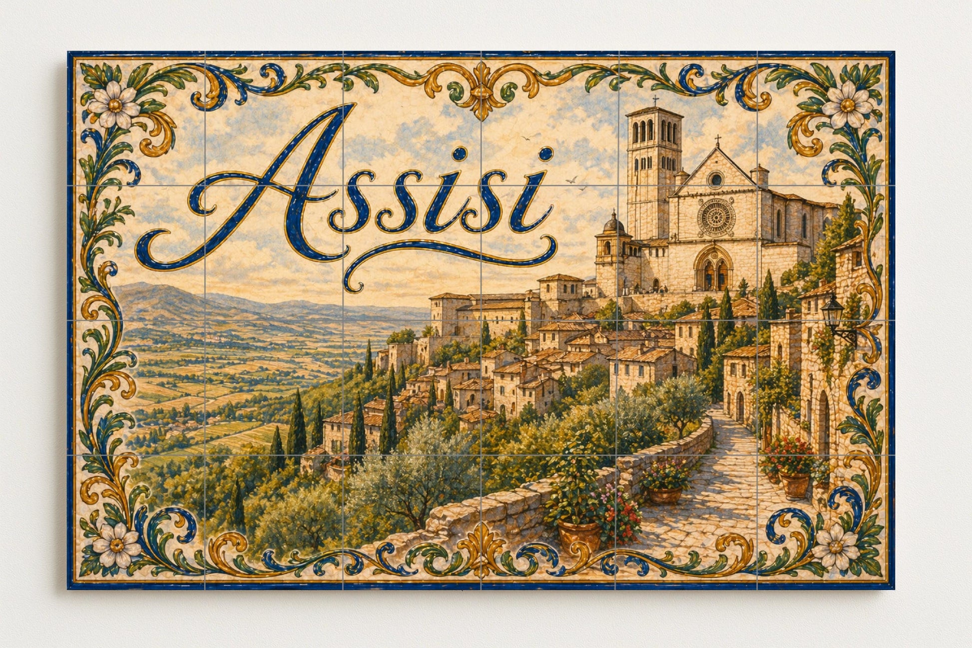 Mural de azulejos de cerámica de Asís, Italia, arte mural campestre…