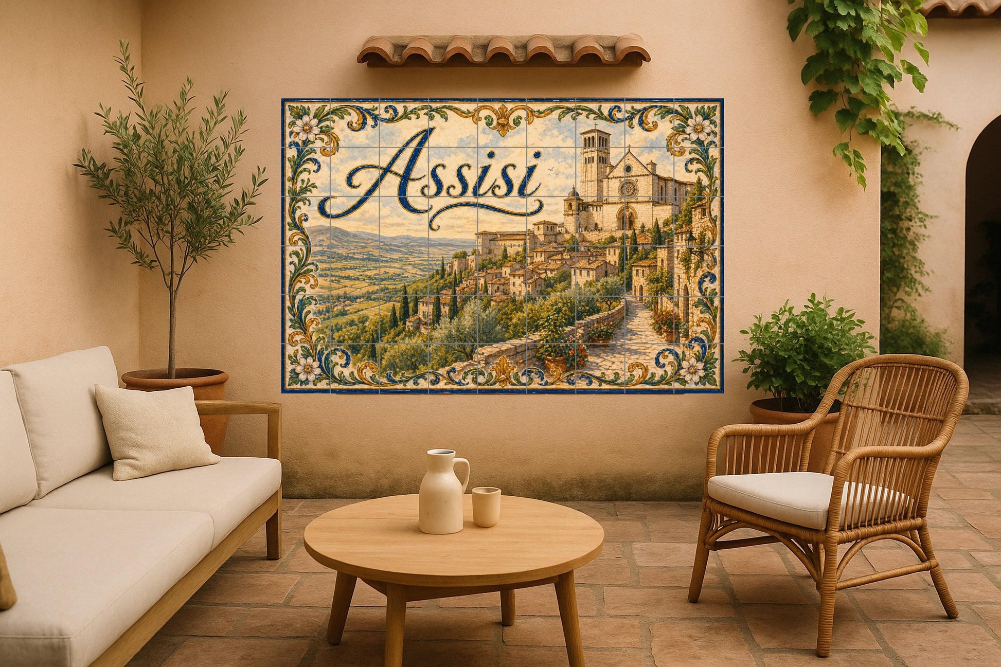 Mural de azulejos de cerámica de Asís, Italia, arte mural campestre…