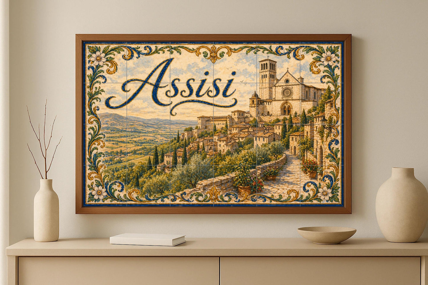 Mural de azulejos de cerámica de Asís, Italia, arte mural campestre…