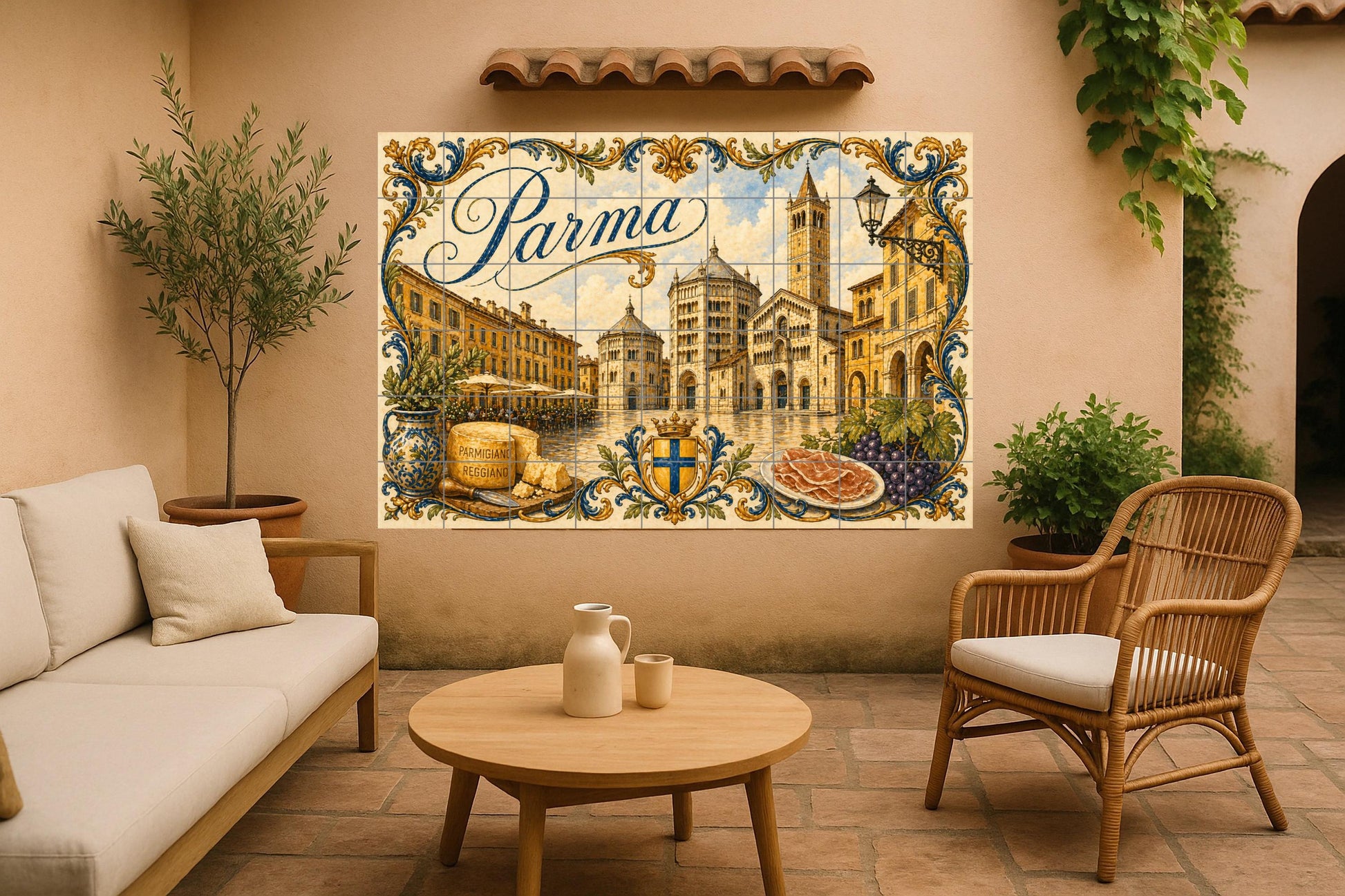 Parma, Italie, Art Mural culinario — Fresque Murale en Carreaux de Céramique · Panneau Mural Ornemental
