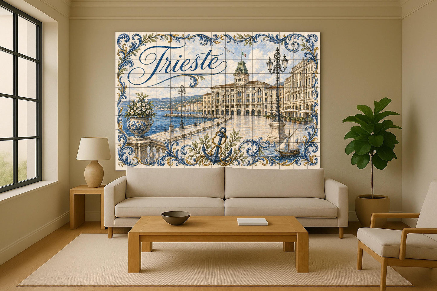 Mural de azulejos de cerámica de Trieste, Italia, arte mural costero…