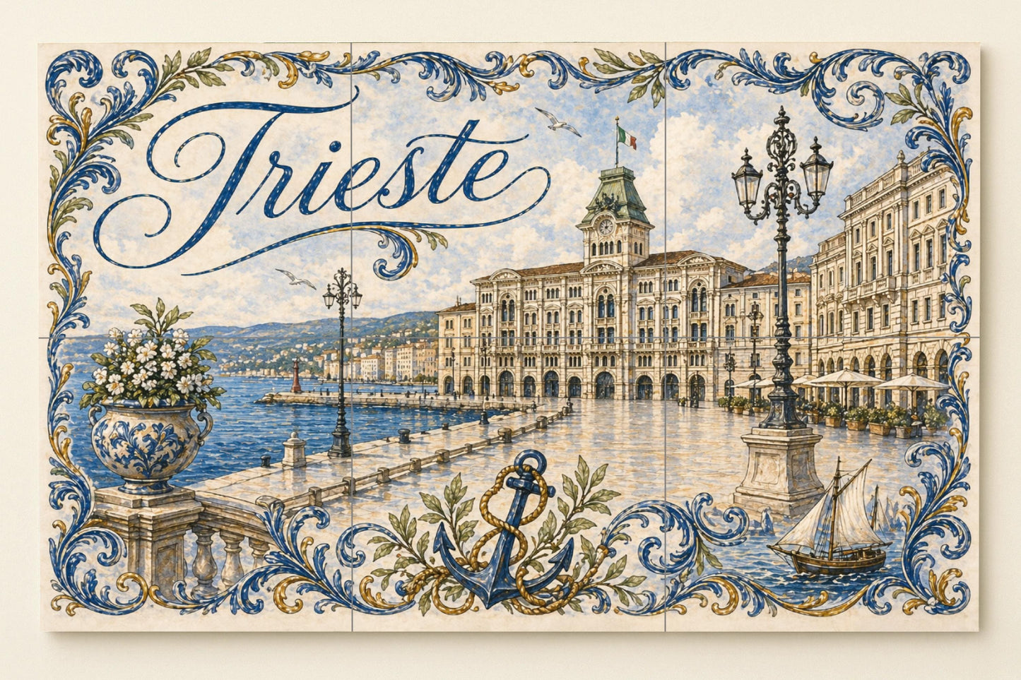 Mural de azulejos de cerámica de Trieste, Italia, arte mural costero…