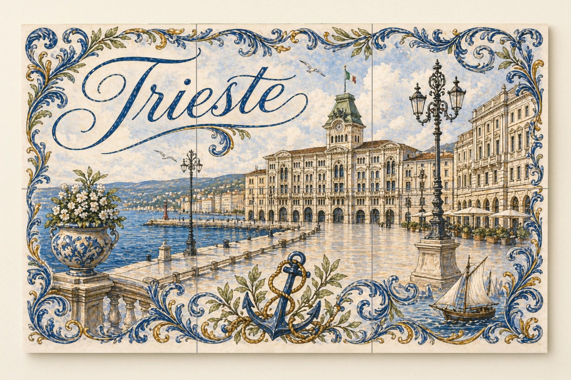 Mural de azulejos de cerámica de Trieste, Italia, arte mural costero…
