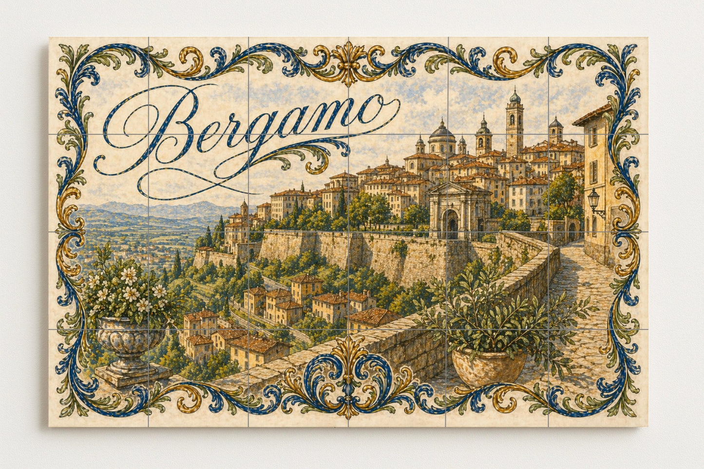 Mural de azulejos de cerámica de Bérgamo, Italia, arte mural de…