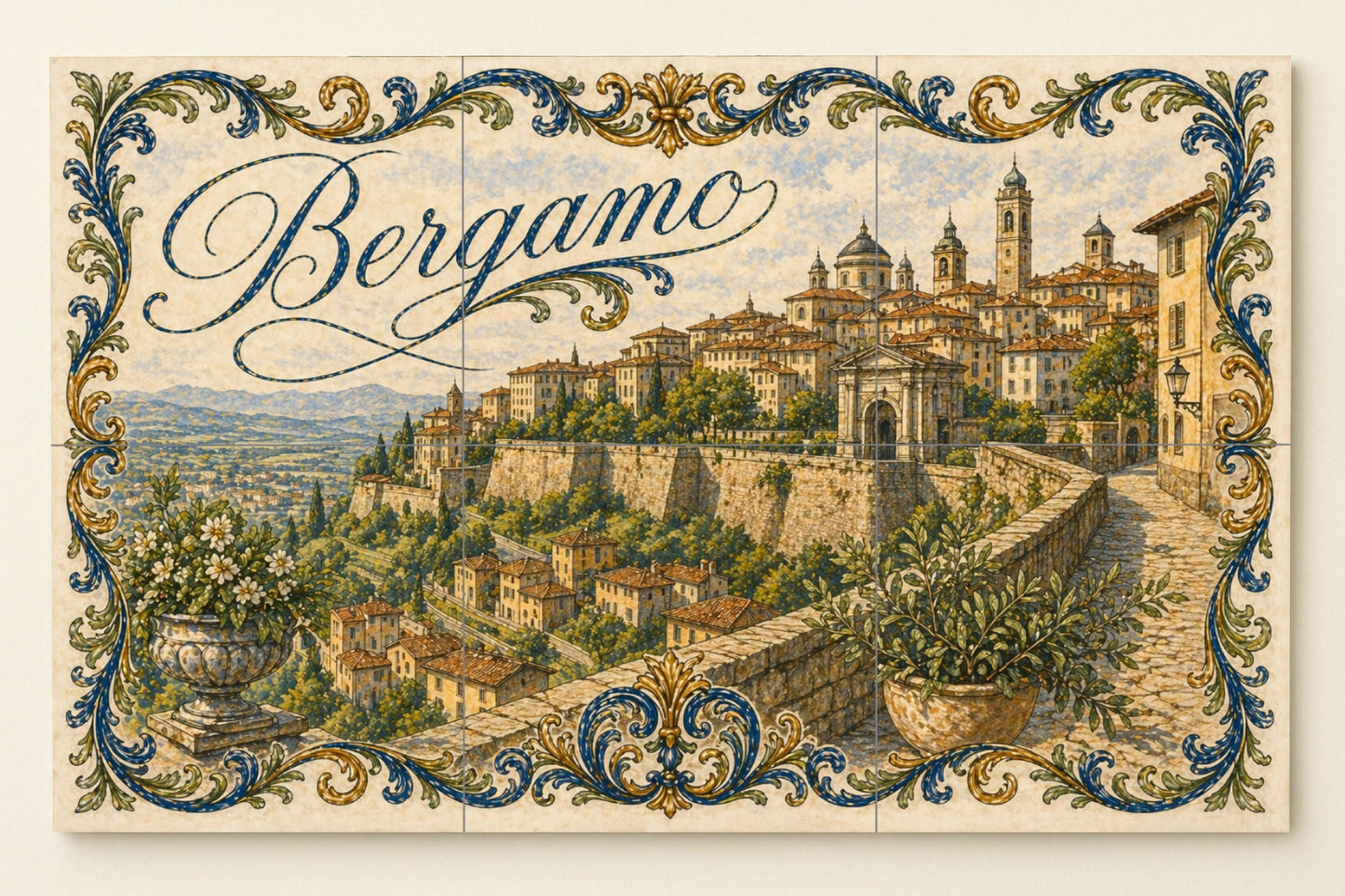 Mural de azulejos de cerámica de Bérgamo, Italia, arte mural de…