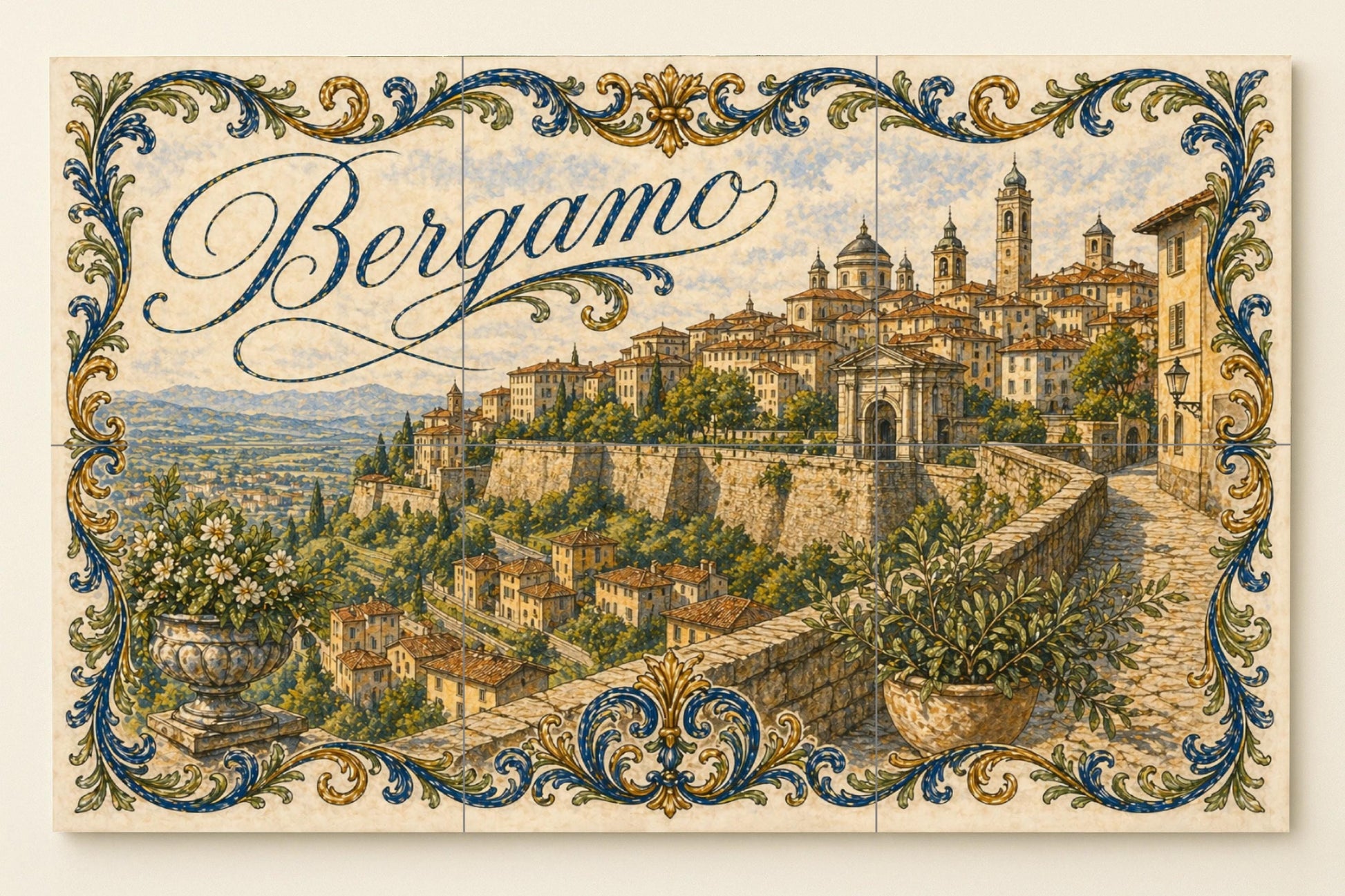 Mural de azulejos de cerámica de Bérgamo, Italia, arte mural de…