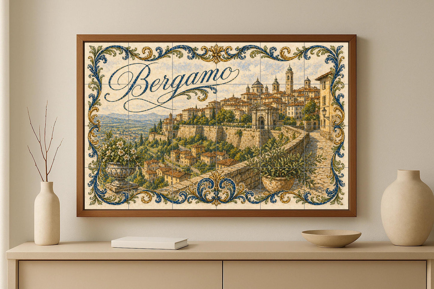 Mural de azulejos de cerámica de Bérgamo, Italia, arte mural de…