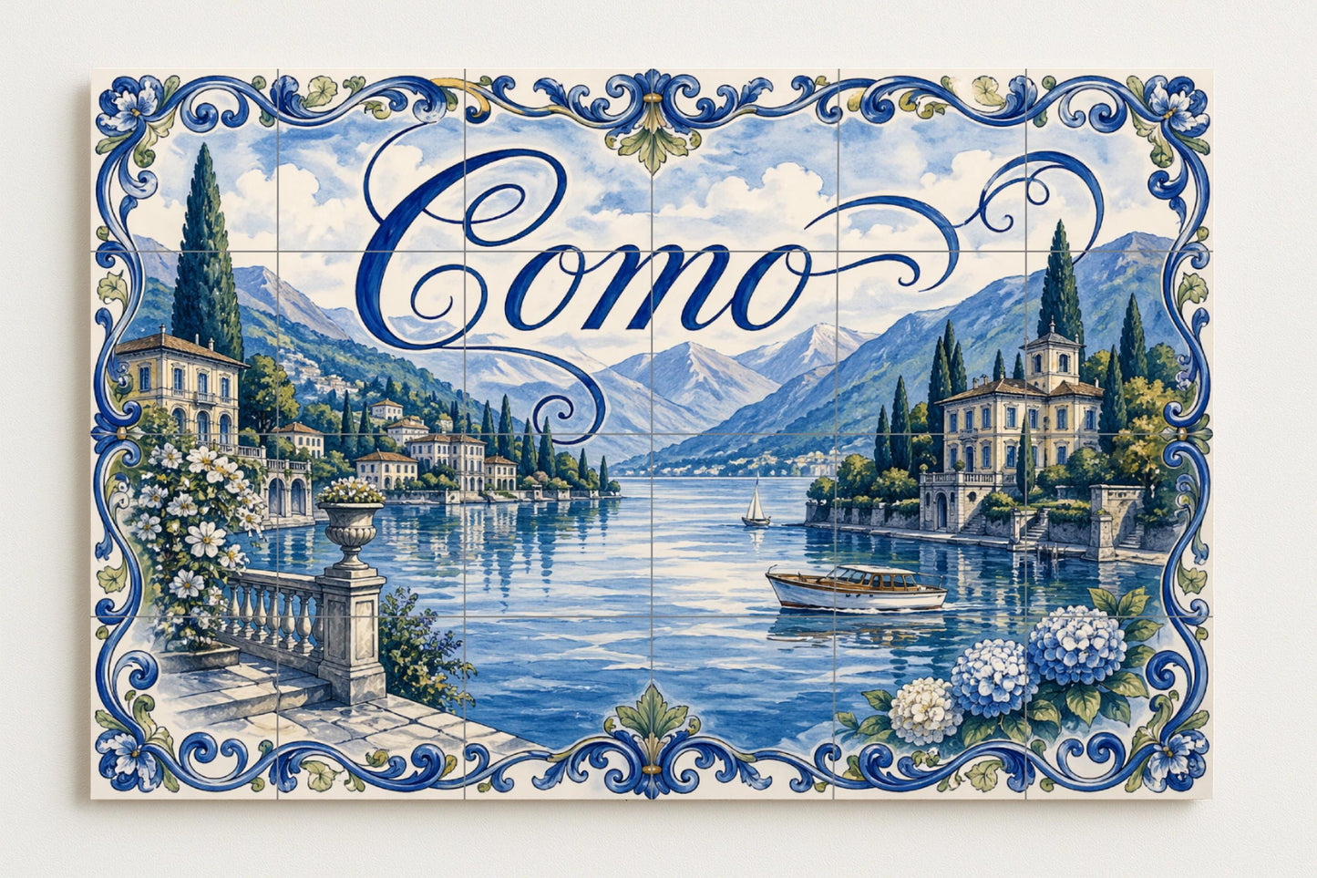 Mural de azulejos de cerámica del lago Como, Italia, arte mural a…