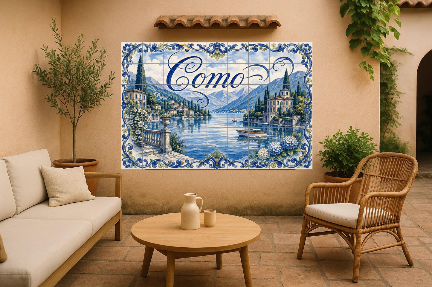 Mural de azulejos de cerámica del lago Como, Italia, arte mural a…