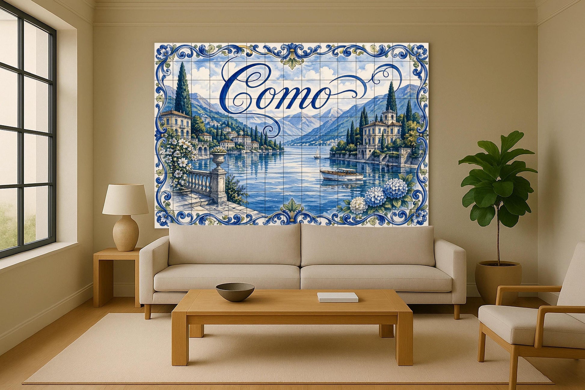 Mural de azulejos de cerámica del lago Como, Italia, arte mural a…