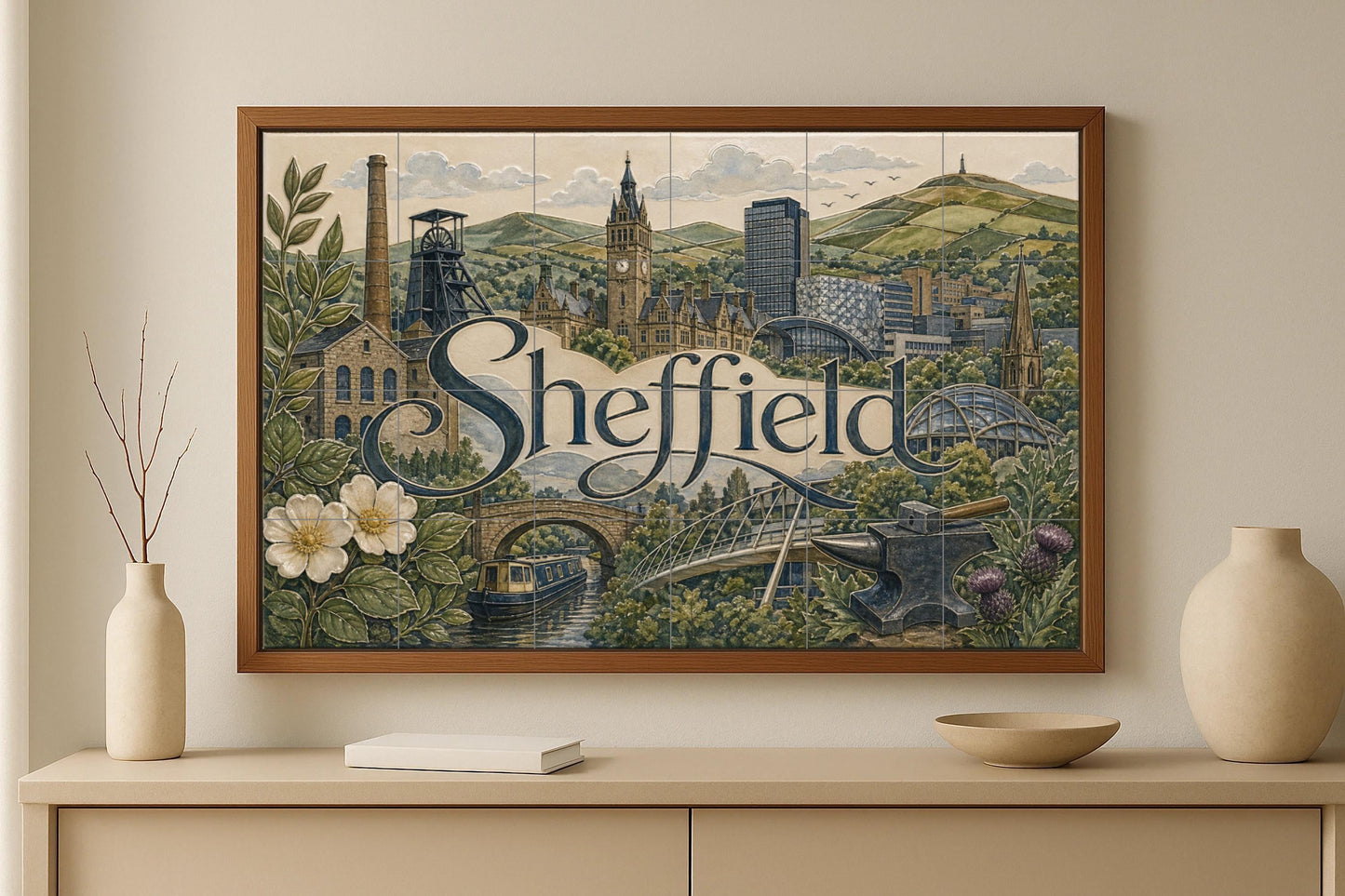 Ceramic Tile Mural: Sheffield, arte mural de estilo industrial i — Ornamental Wall Panel