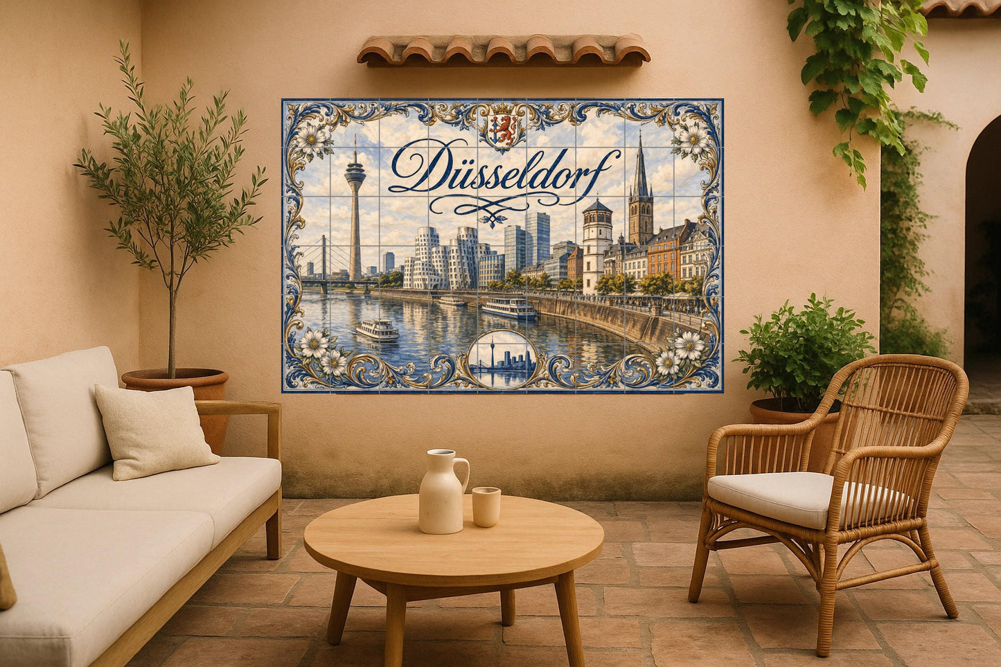 Düsseldorf, Deutschland, Landschaft Urban des Fluss · Keramik-Wandbild — Stadtansicht in Fliesen
