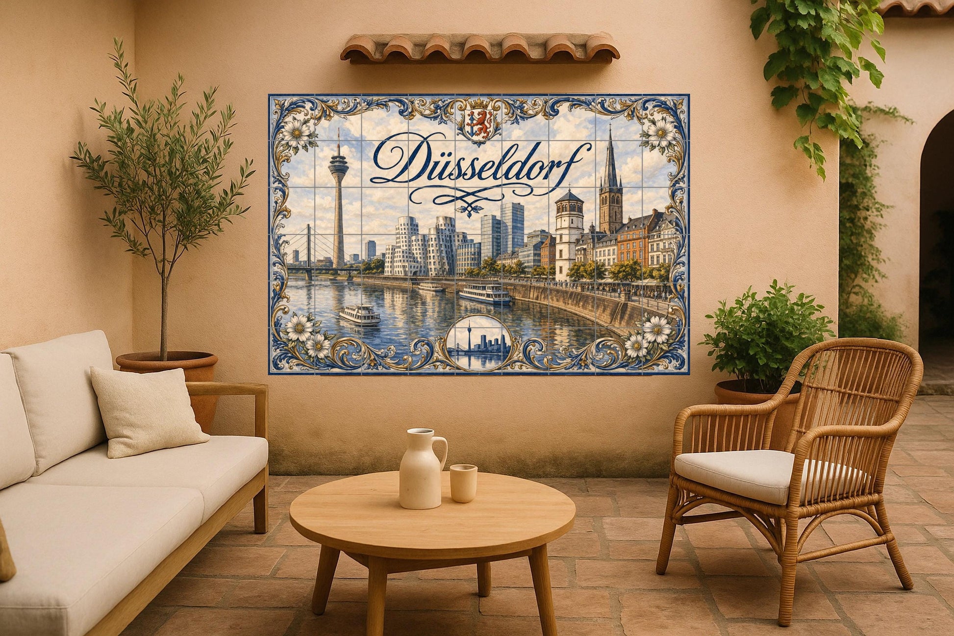 Düsseldorf, Deutschland, Landschaft Urban des Fluss · Keramik-Wandbild — Stadtansicht in Fliesen