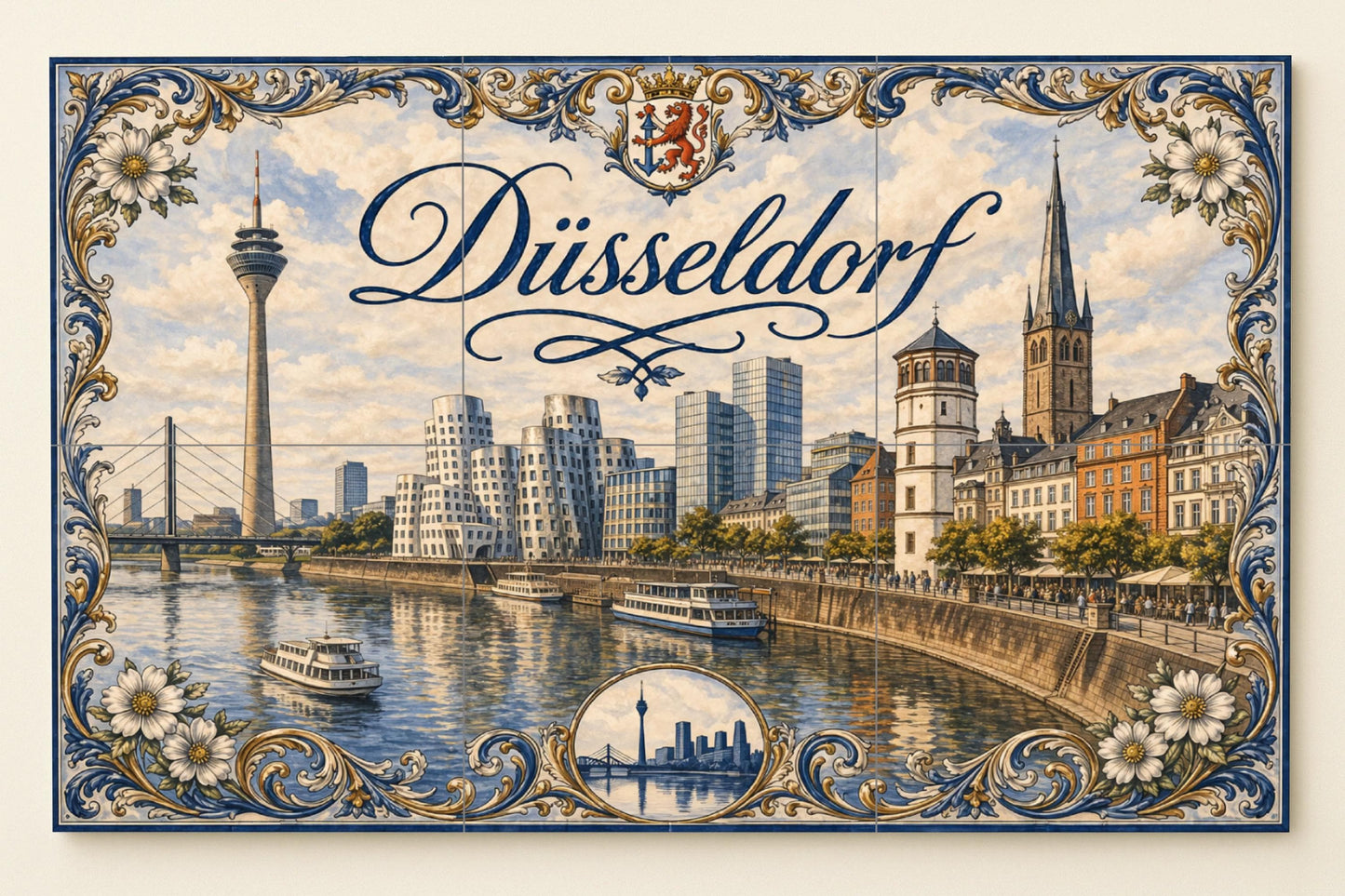 Düsseldorf, Deutschland, Landschaft Urban des Fluss · Keramik-Wandbild — Stadtansicht in Fliesen