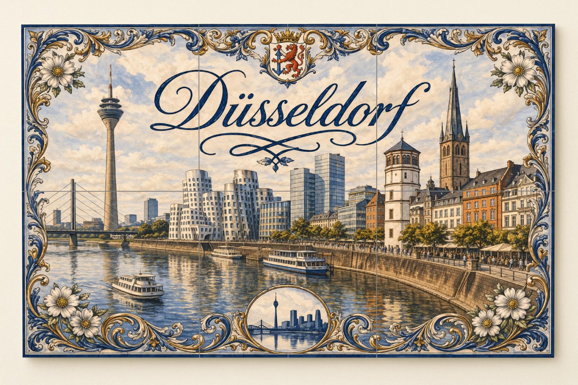 Düsseldorf, Deutschland, Landschaft Urban des Fluss · Keramik-Wandbild — Stadtansicht in Fliesen