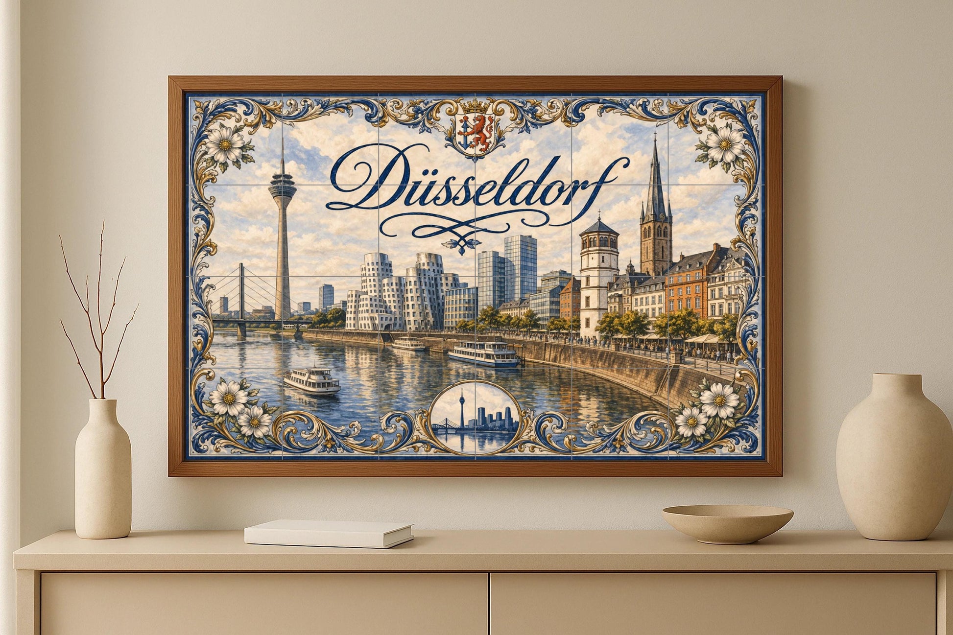Düsseldorf, Deutschland, Landschaft Urban des Fluss · Keramik-Wandbild — Stadtansicht in Fliesen