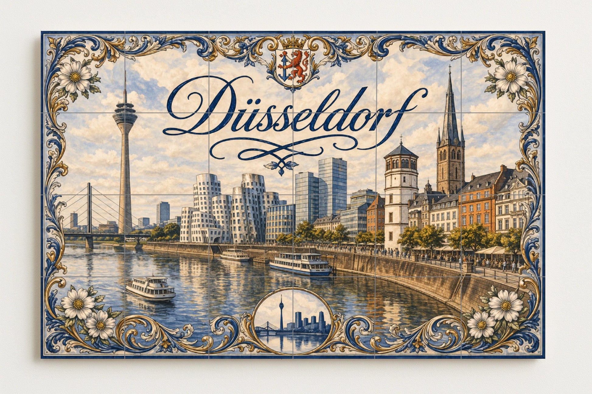 Düsseldorf, Deutschland, Landschaft Urban des Fluss · Keramik-Wandbild — Stadtansicht in Fliesen