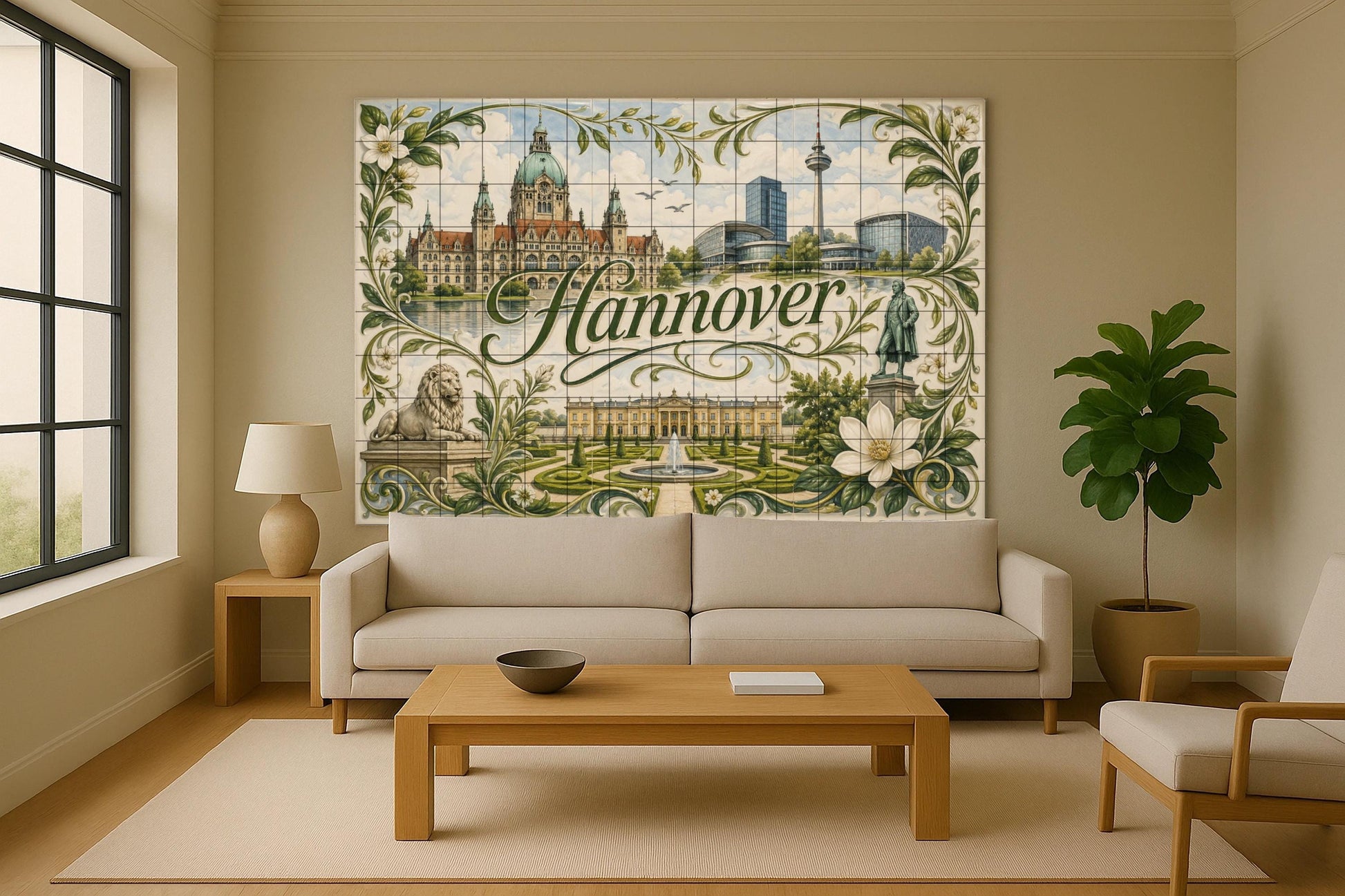 Hannover, Germany, Art Mural with Landscape u · Ceramic Wall Mural — Cityscape in Tile