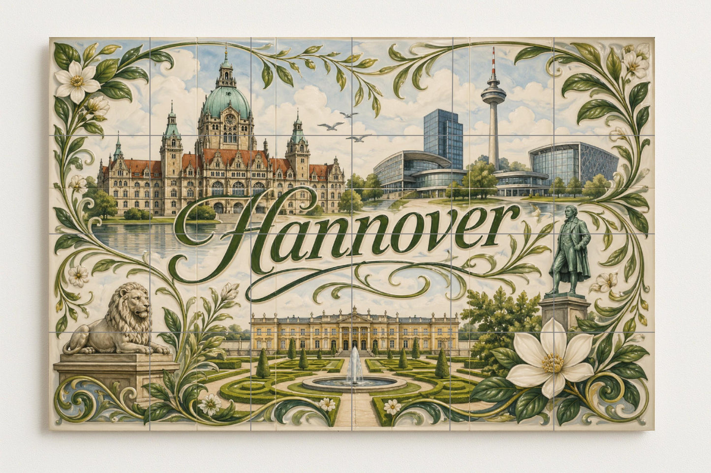 Hannover, Germany, Art Mural with Landscape u · Ceramic Wall Mural — Cityscape in Tile