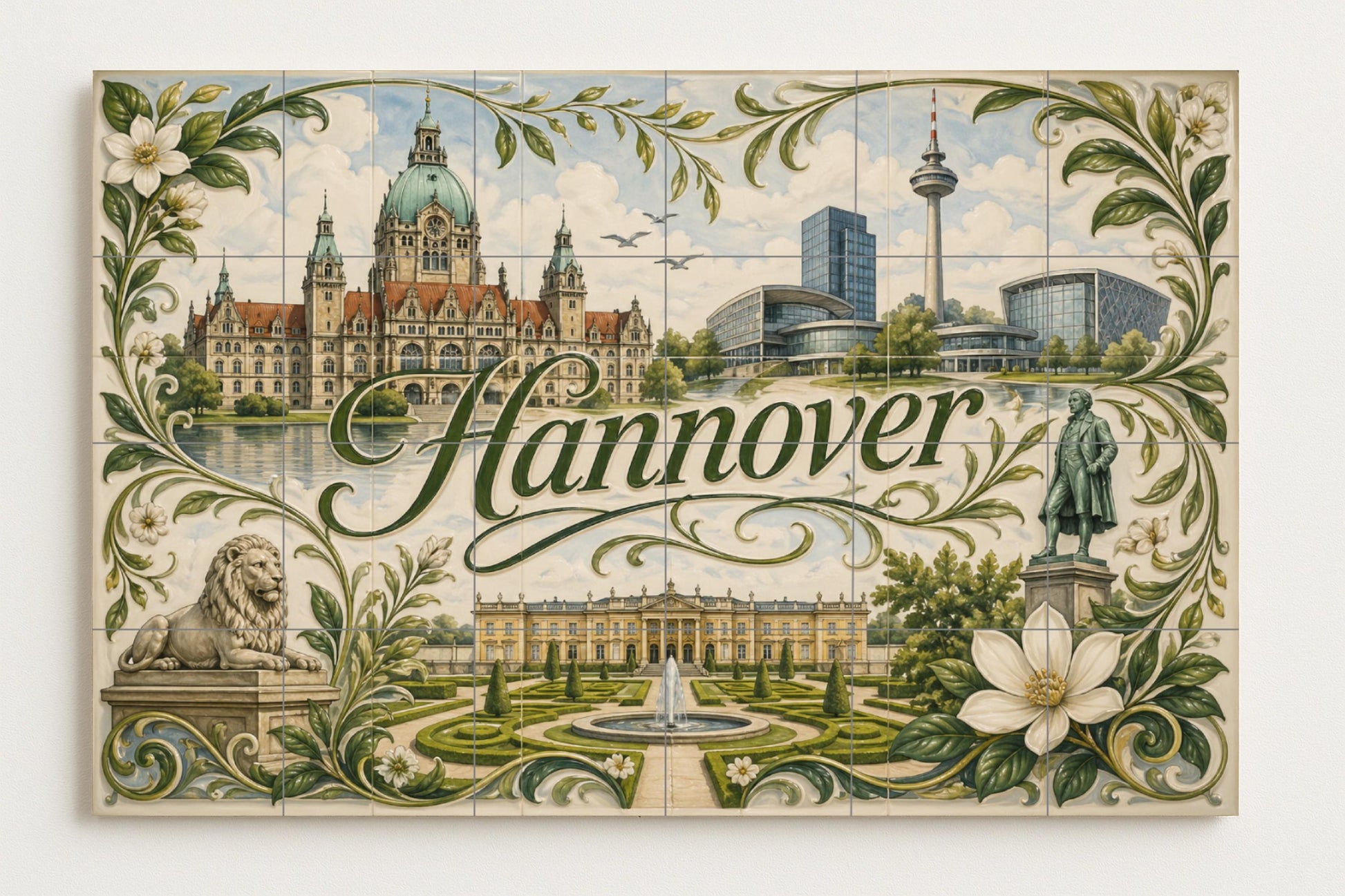 Hannover, Germany, Art Mural with Landscape u · Ceramic Wall Mural — Cityscape in Tile