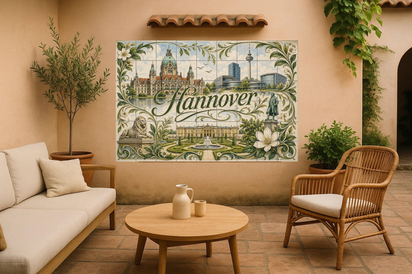 Hannover, Germany, Art Mural with Landscape u · Ceramic Wall Mural — Cityscape in Tile