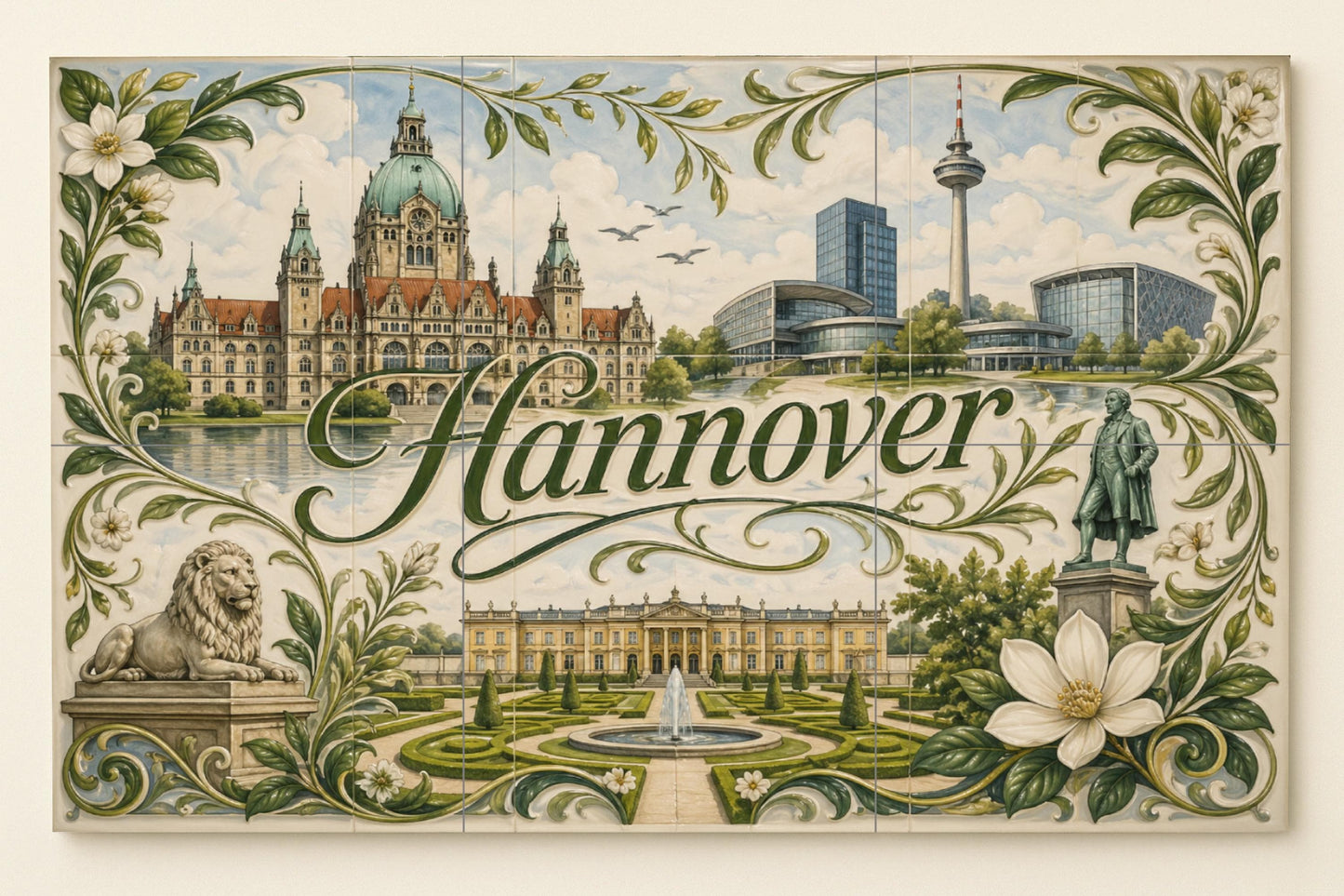 Hannover, Germany, Art Mural with Landscape u · Ceramic Wall Mural — Cityscape in Tile