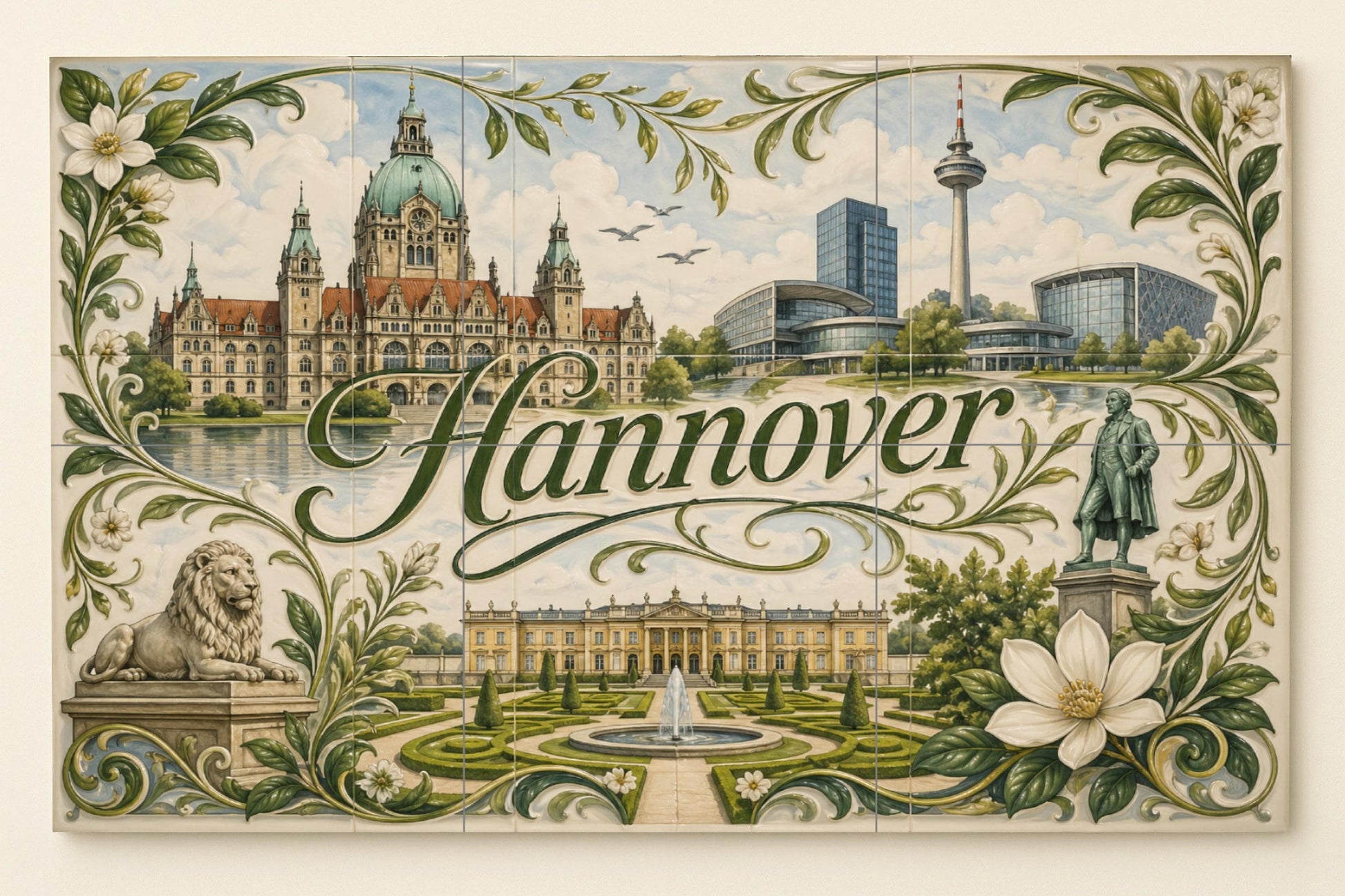 Hannover, Germany, Art Mural with Landscape u · Ceramic Wall Mural — Cityscape in Tile