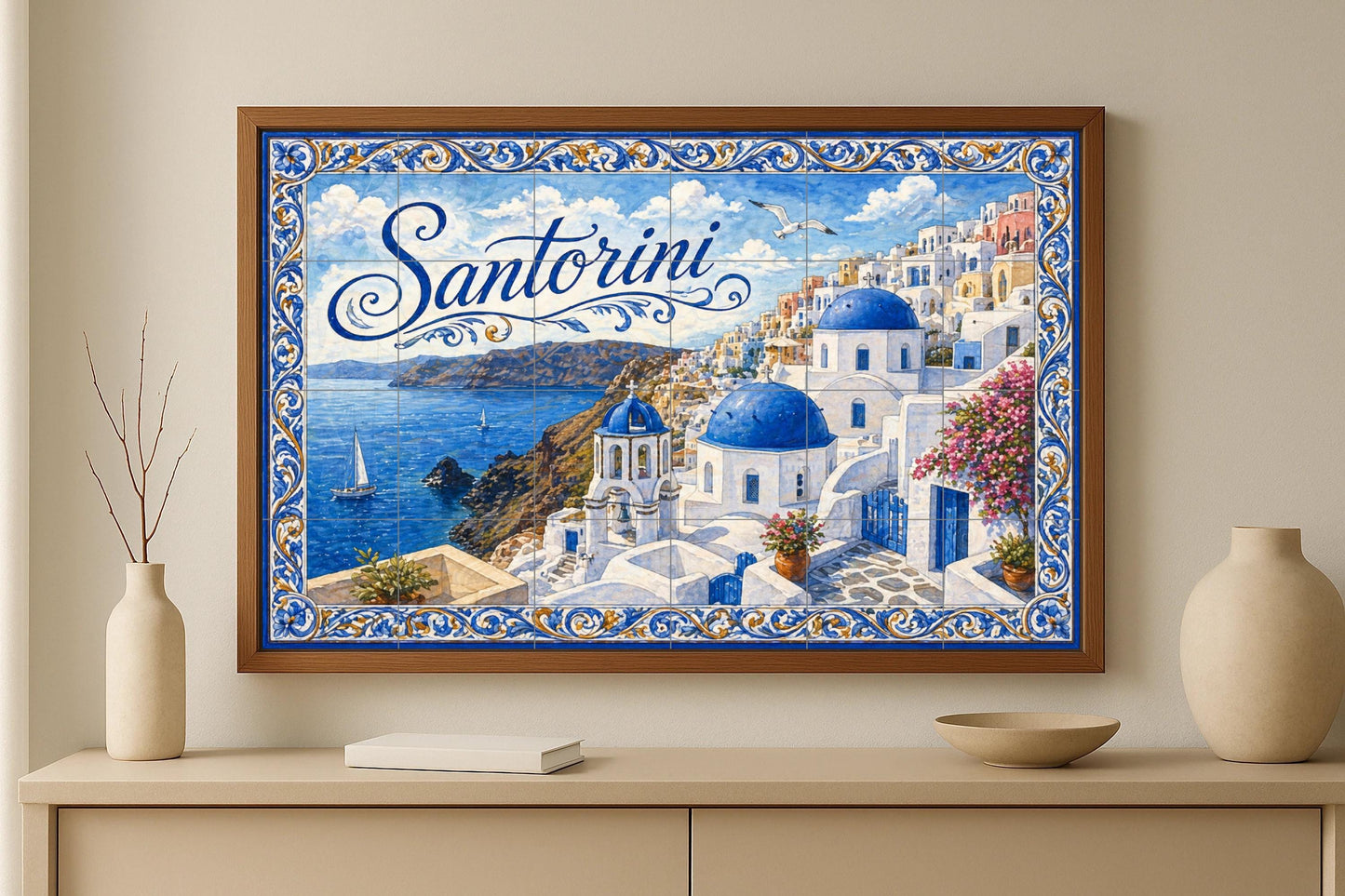 Ceramic Tile Mural: Santorini, Greece, Art Mural Coastal medite — Cityscape in Tile