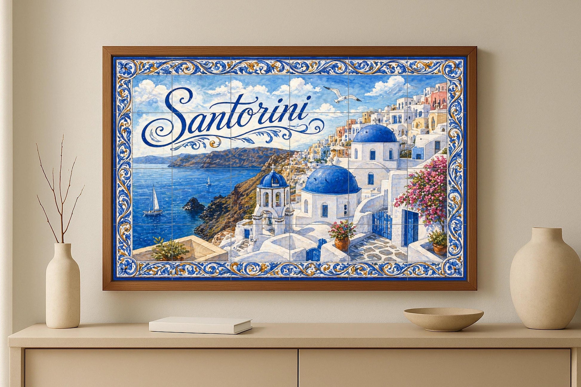 Ceramic Tile Mural: Santorini, Greece, Art Mural Coastal medite — Cityscape in Tile