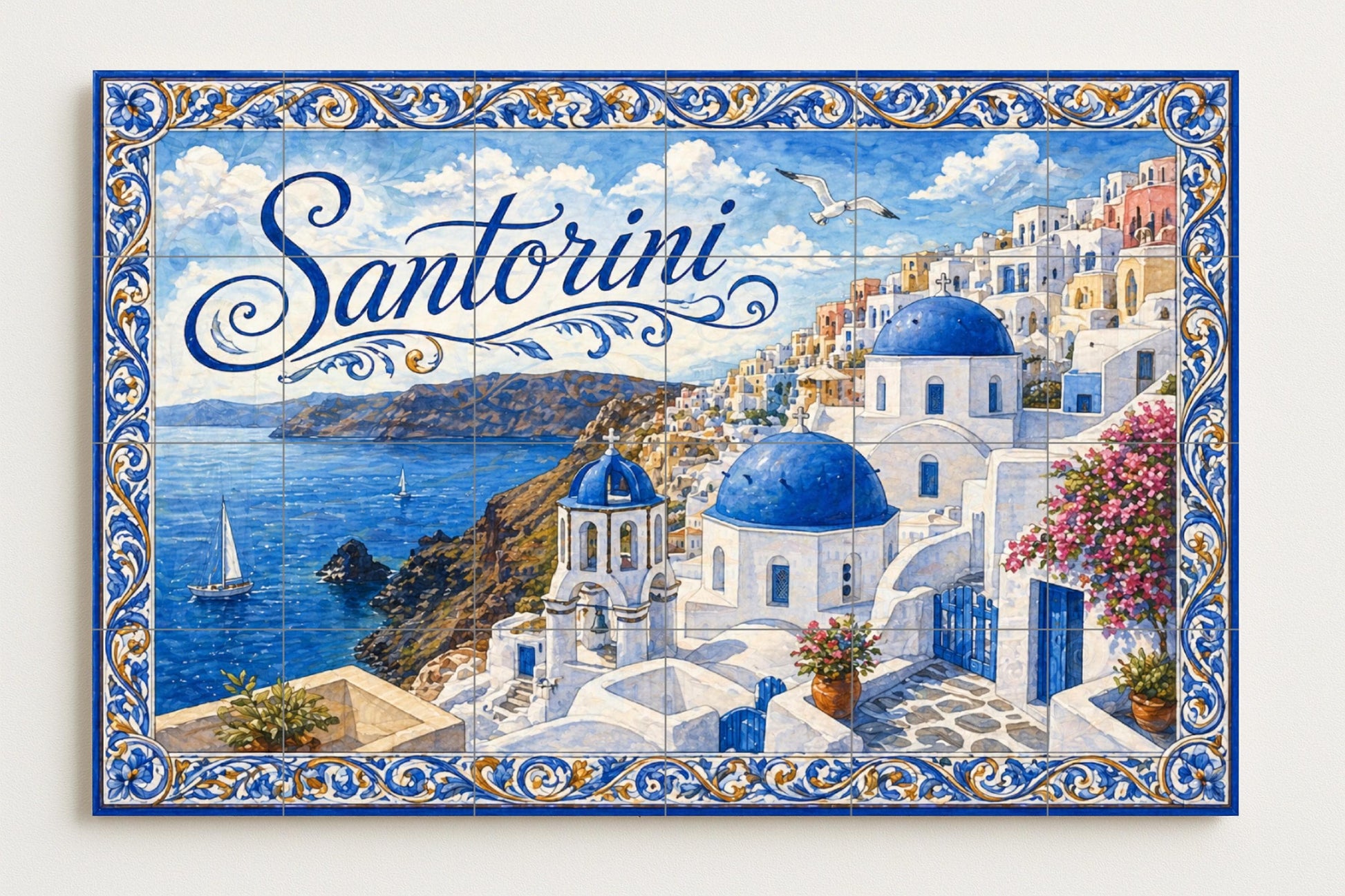 Ceramic Tile Mural: Santorini, Greece, Art Mural Coastal medite — Cityscape in Tile