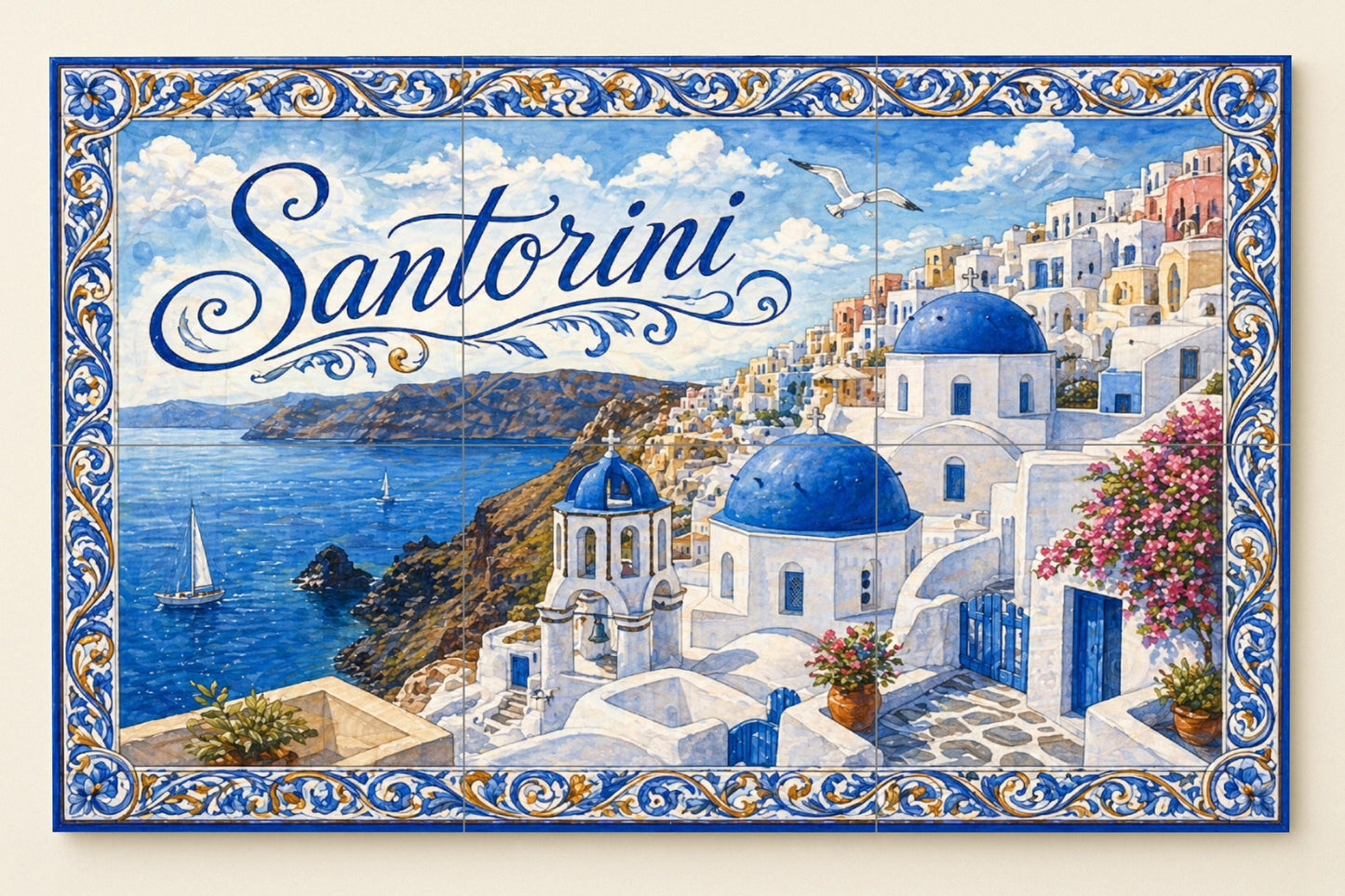 Ceramic Tile Mural: Santorini, Greece, Art Mural Coastal medite — Cityscape in Tile