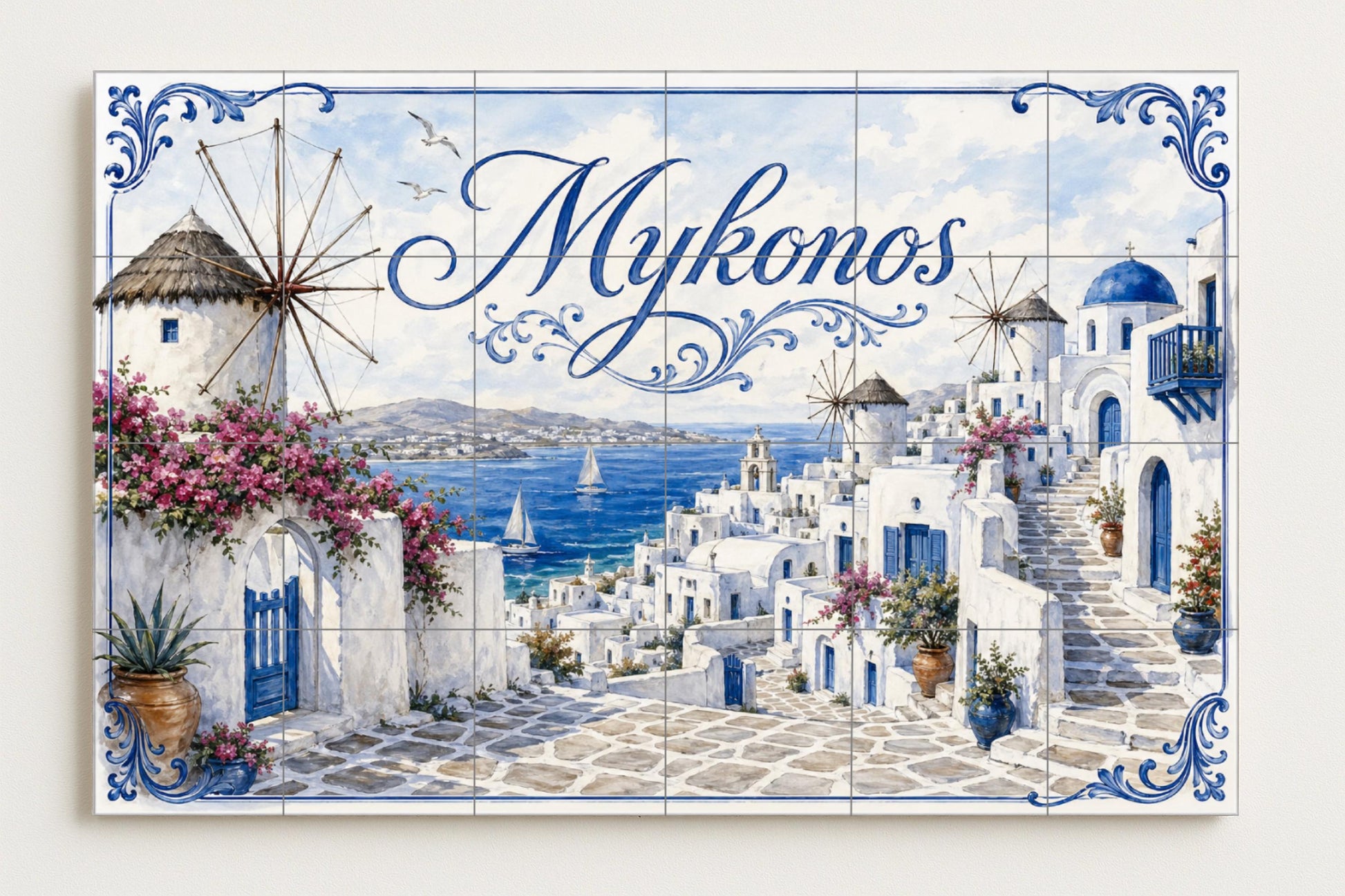 Mykonos, Art Mural Côtier Méditerranéen, pa · Fresque Céramique — Décor Mural Voyage
