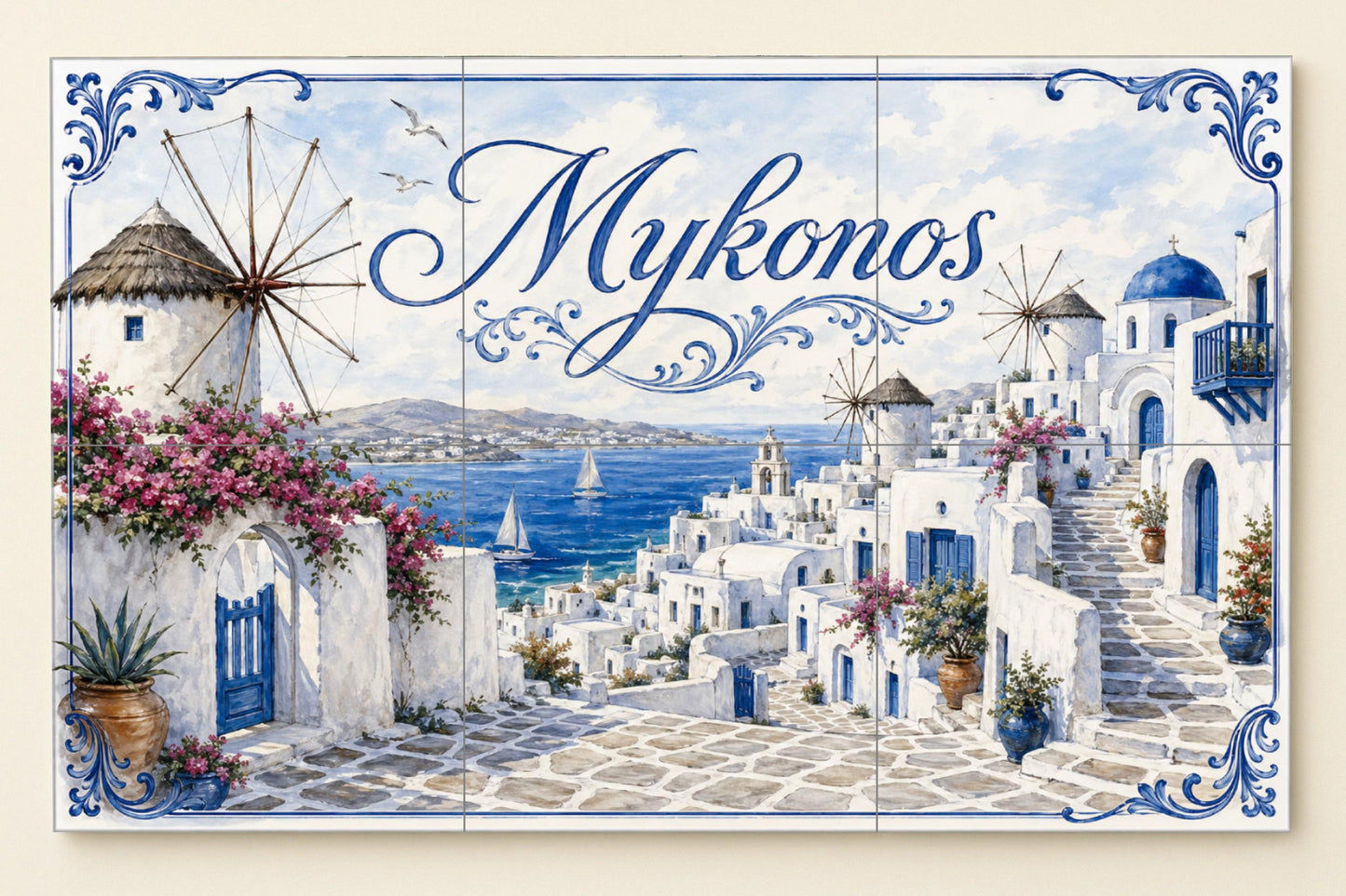 Mykonos, Art Mural Côtier Méditerranéen, pa · Fresque Céramique — Décor Mural Voyage