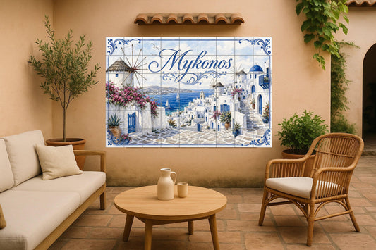 Ceramic Tile Mural: Mykonos, Art Mural Coastal Mediterranean, pa — City & Landmark Art