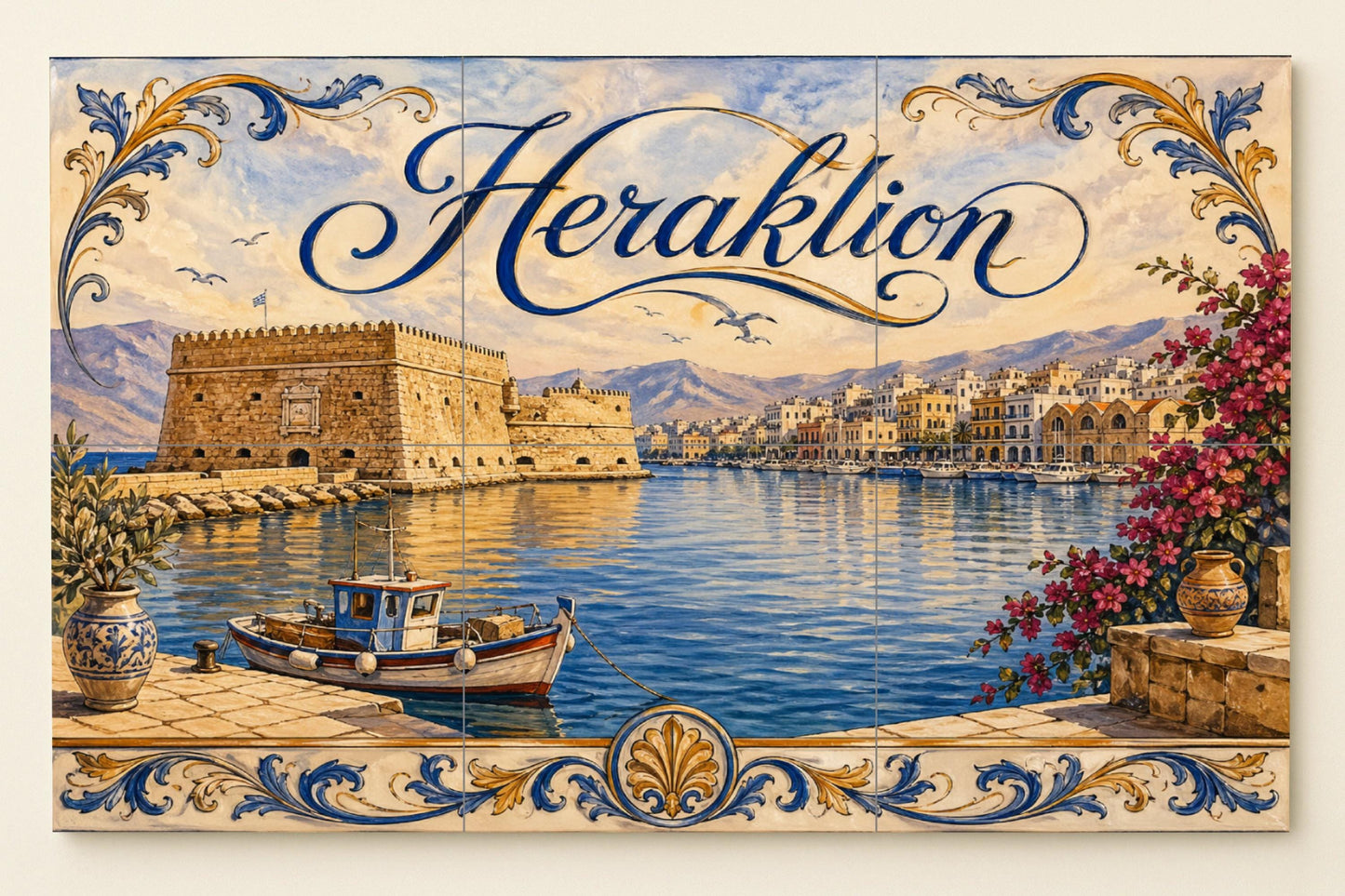 Mural de azulejos de cerámica de Heraklion, Creta, arte mural del…