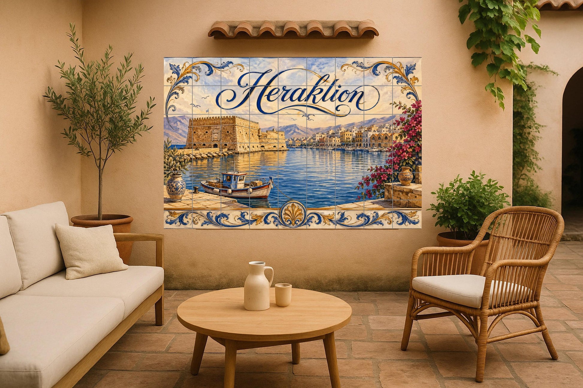 Mural de azulejos de cerámica de Heraklion, Creta, arte mural del…