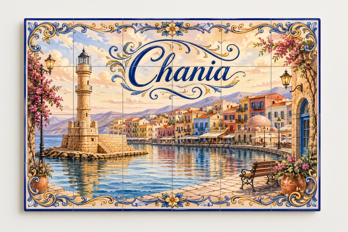 Chania, Art Mural du Phare du Port grieg · Fresque Céramique — Scène de Bord de Mer