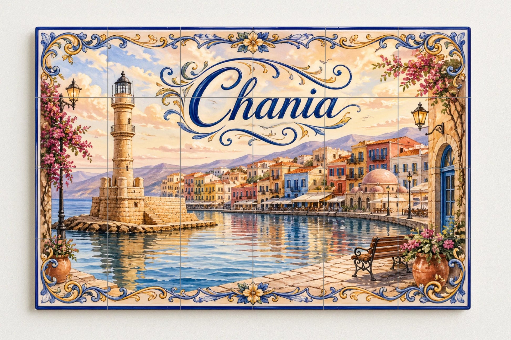 Chania, Art Mural du Phare du Port grieg · Fresque Céramique — Scène de Bord de Mer