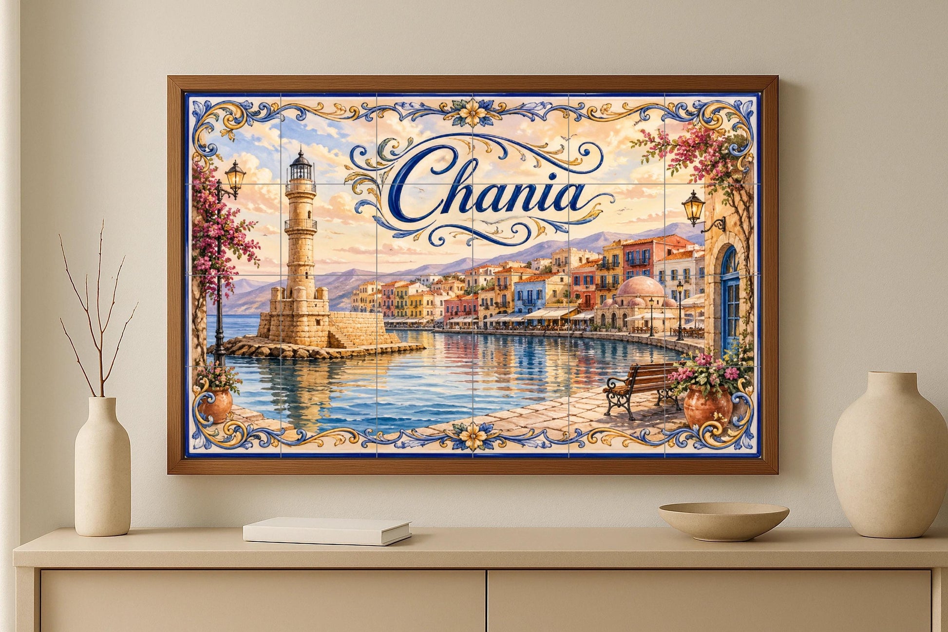 Chania, Art Mural du Phare du Port grieg · Fresque Céramique — Scène de Bord de Mer