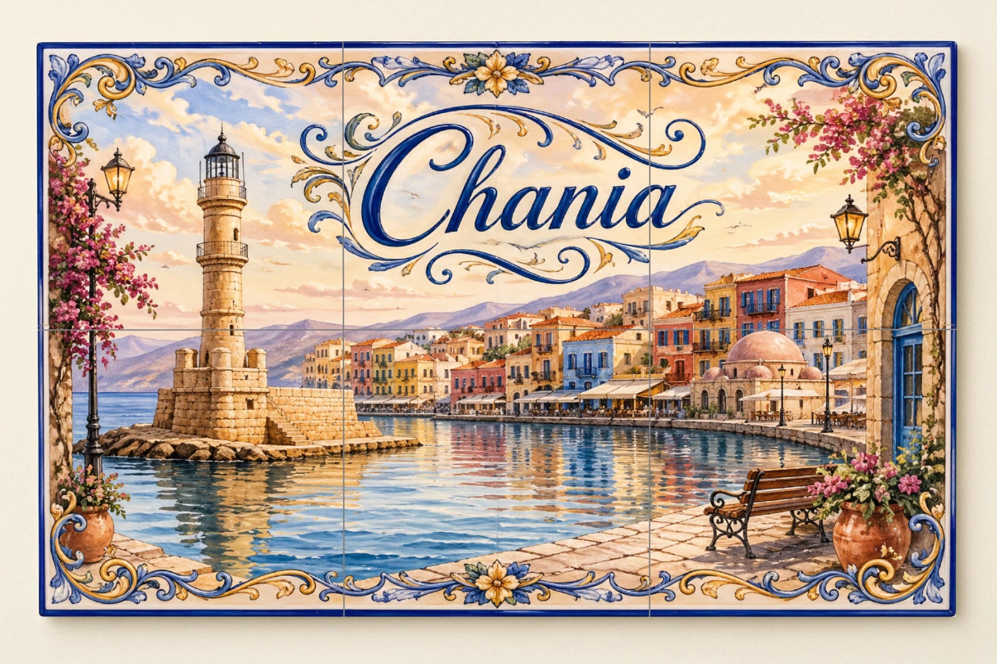 Chania, Art Mural du Phare du Port grieg · Fresque Céramique — Scène de Bord de Mer