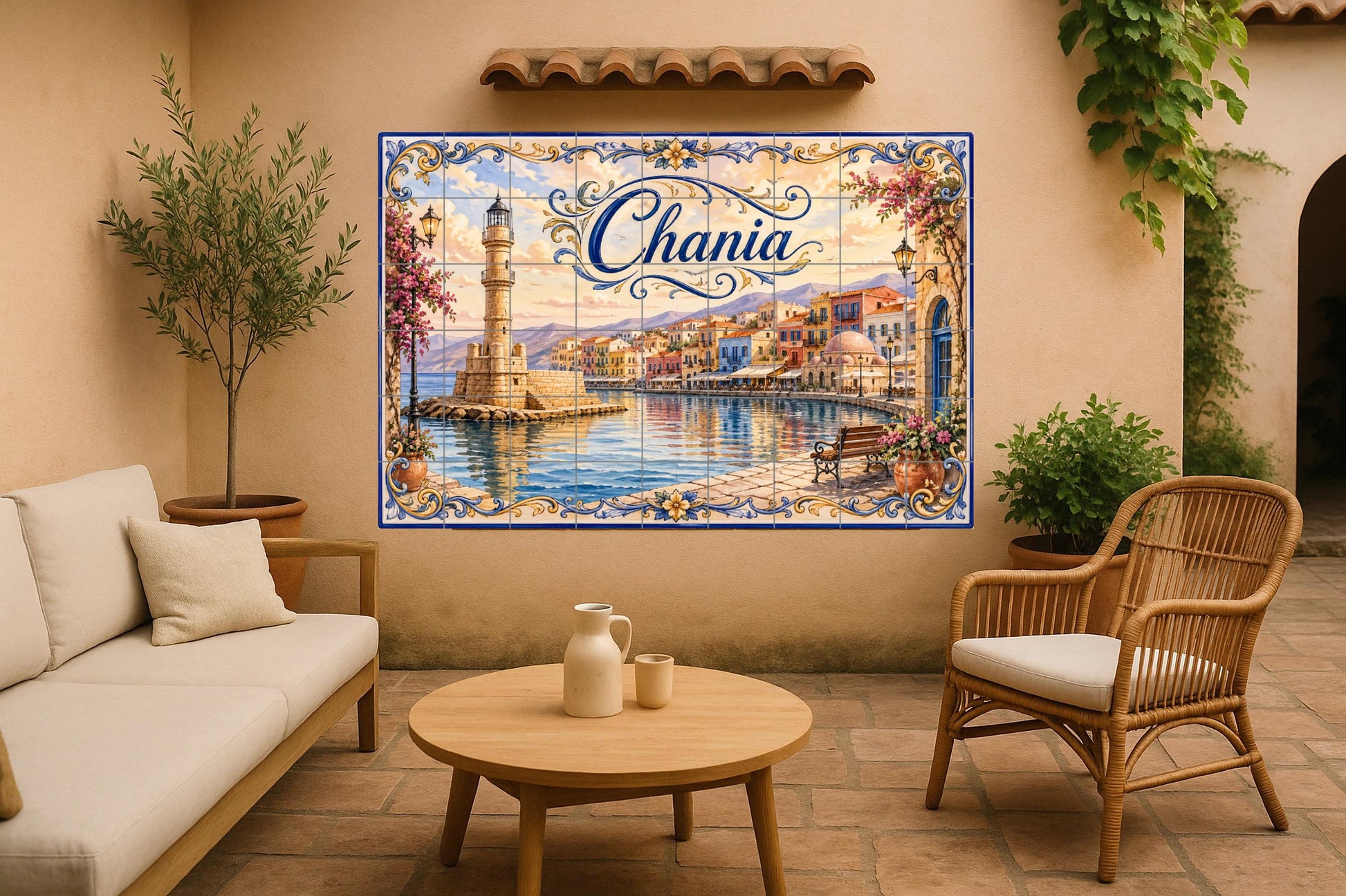 Chania, Art Mural du Phare du Port grieg · Fresque Céramique — Scène de Bord de Mer