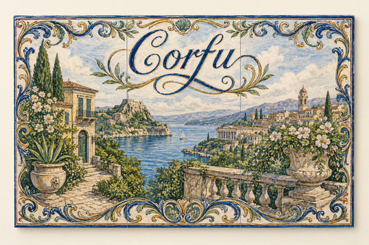 Mural de azulejos de cerámica de Corfú, Grecia, arte mural…