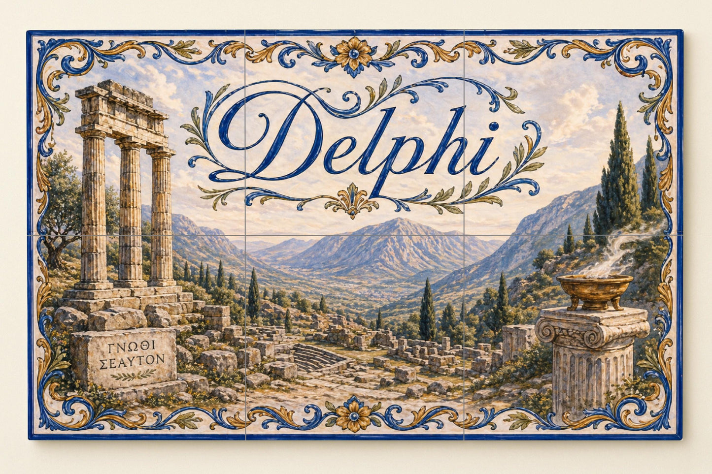 Mural de azulejos de cerámica de Delfos, Grecia, arte mural de ruinas…